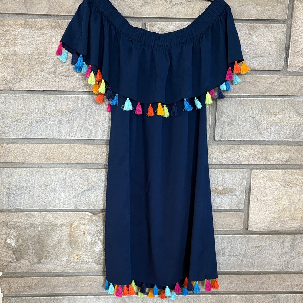 escapada Navy Off-Shoulder Dress with Multicolor Tassels